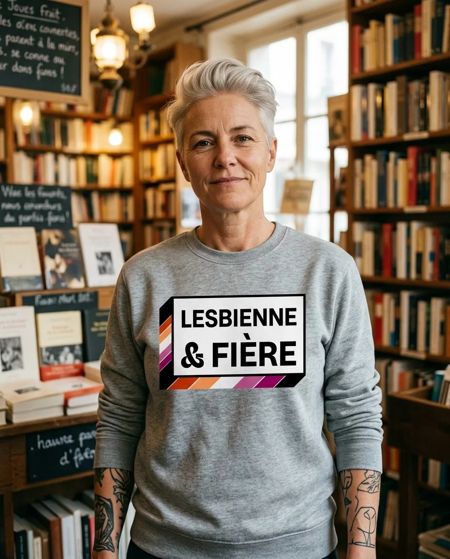 Sweat col rond « Lesbienne & fière » — gris