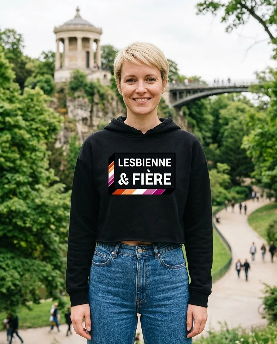 Sweat court à capuche « Lesbienne & fière » — noir