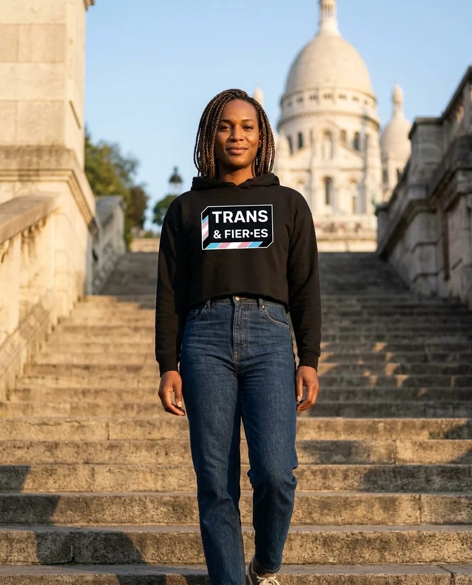Sweat court à capuche « Trans & fier·es » — noir