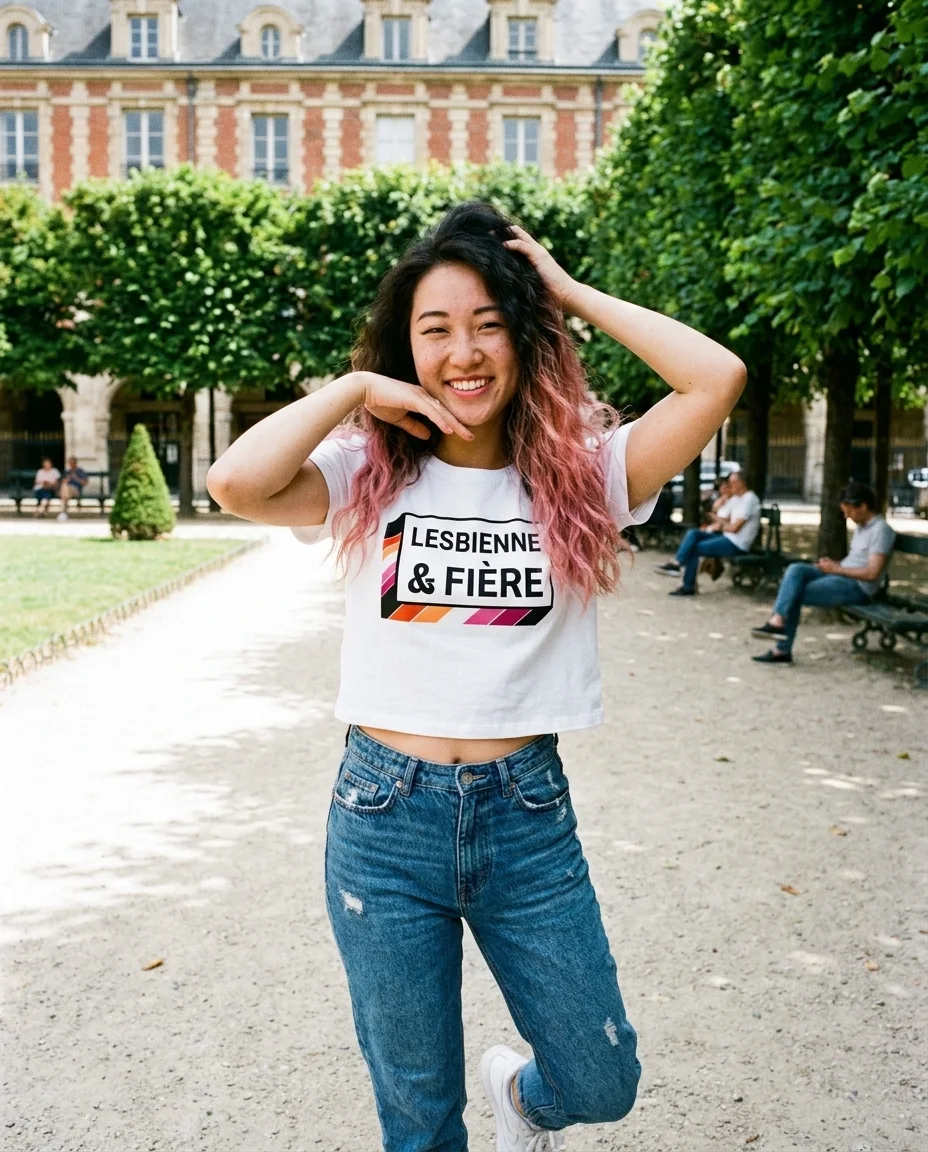 Crop top « Lesbienne & fière » — blanc