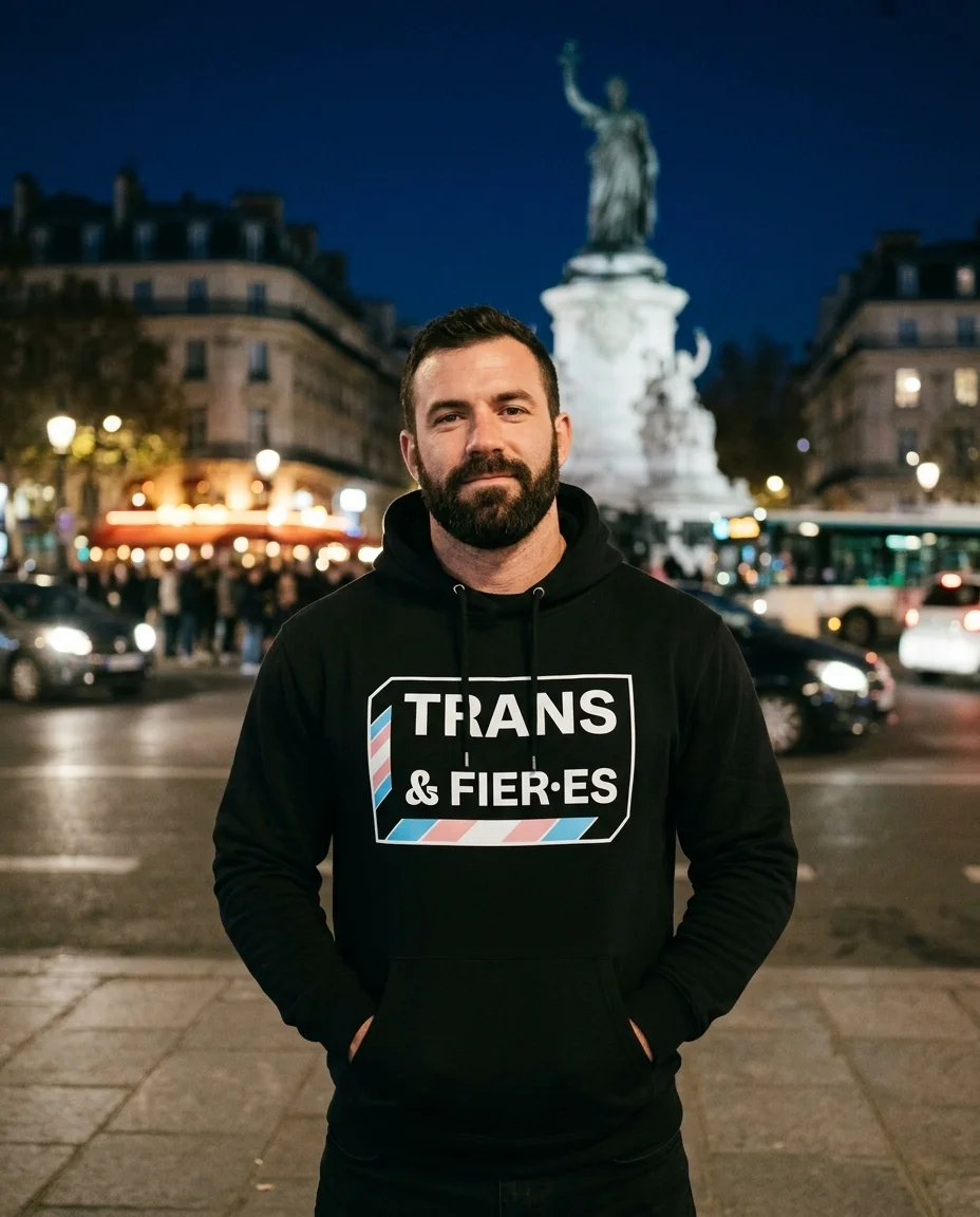 Sweat à capuche « Trans & fier·es » — noir